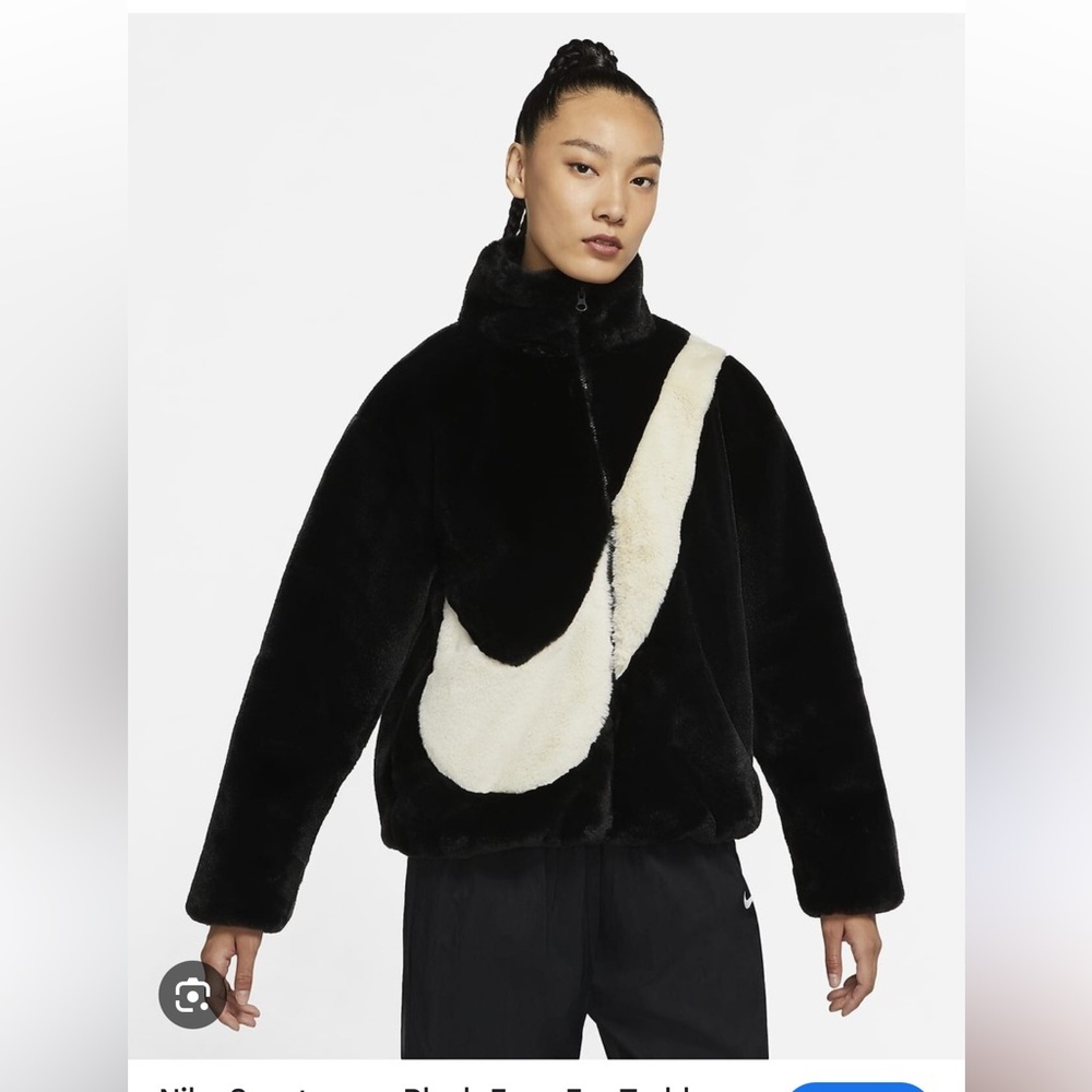 Nike Women's Black and Cream swoosh Teddy faux fur Jacket
